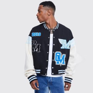 Boxy Applique Tape Detail Jersey Varsity Jacket